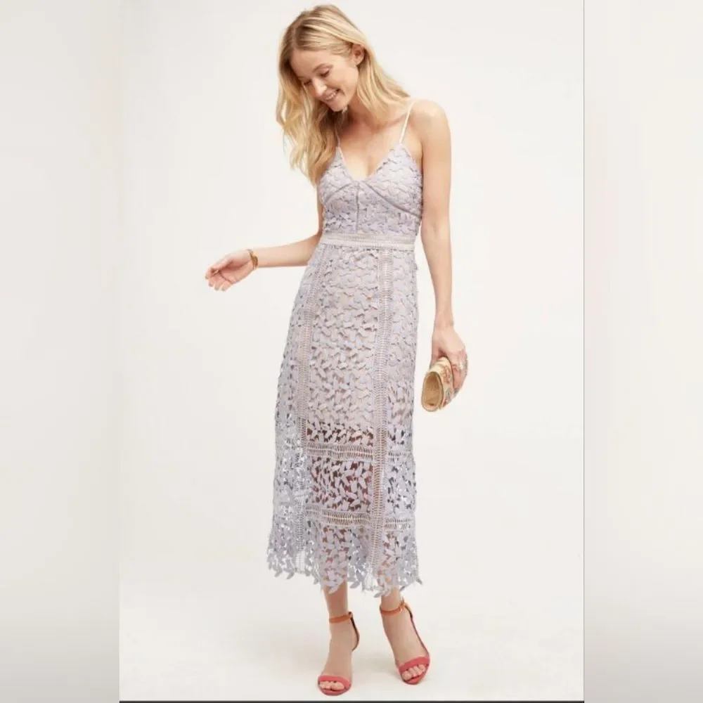 Elliatt Anthropologie Lace Crochet Overlay Celane Midi Dress Lavender Size Large Elliatt Anthropologie Lace Crochet Overlay Celane Midi Dress Lavender Size Large